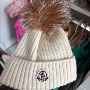 Moncler Cream Ribbed Beanie with Brown Faux-Fur Pom